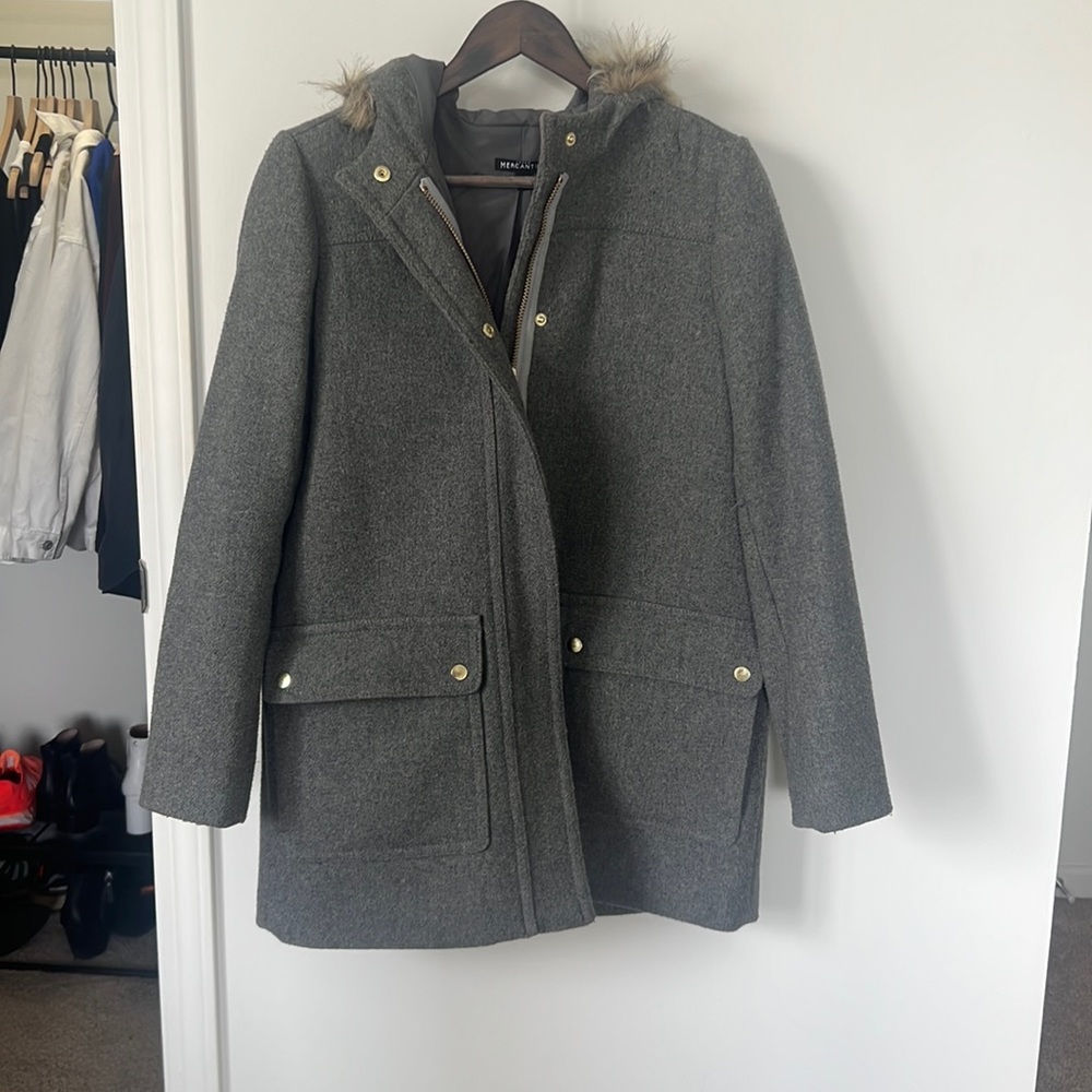 J. Crew Gray Trench Coat with Fur Hood